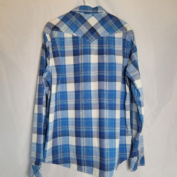 Aeropostale Western Pearl Snap Blue Plaid Men's Long Sleeve Shirt Size XL - Picture 7 of 9